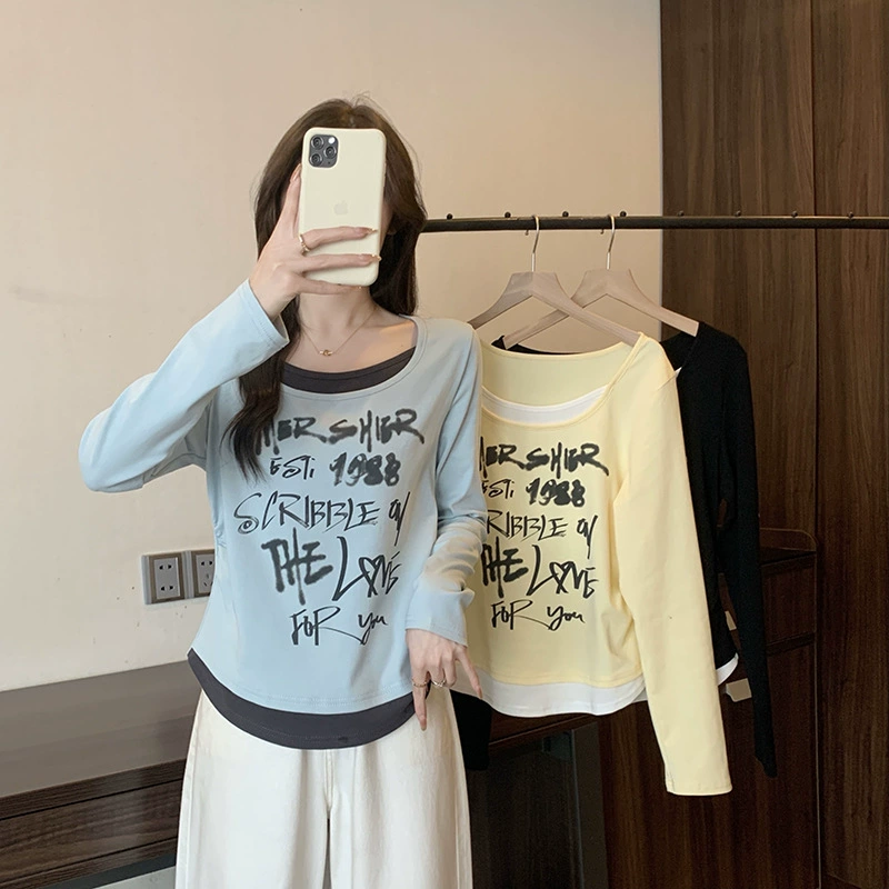 Spring set with letters, long-sleeve, T-shirt, plus size