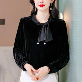 2025秋季新款法式优雅蝴蝶结圆领金丝绒女衬衫感气质女上衣