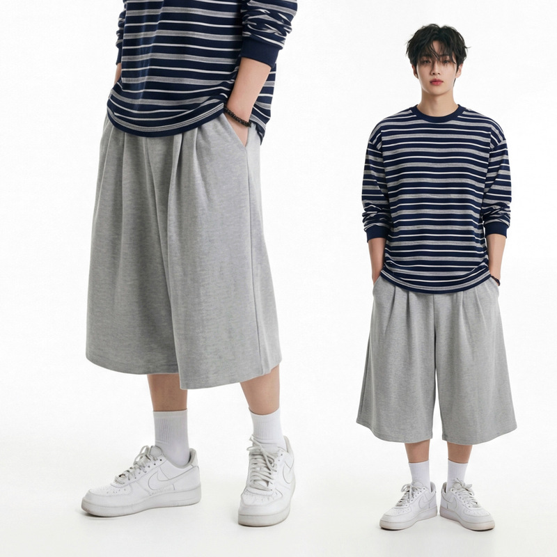 Mr Summer Loose Gray Sports Casual Shorts Men's Wide-Leg Cropped Pants Korean Style Versatile Pants for Work Clothing