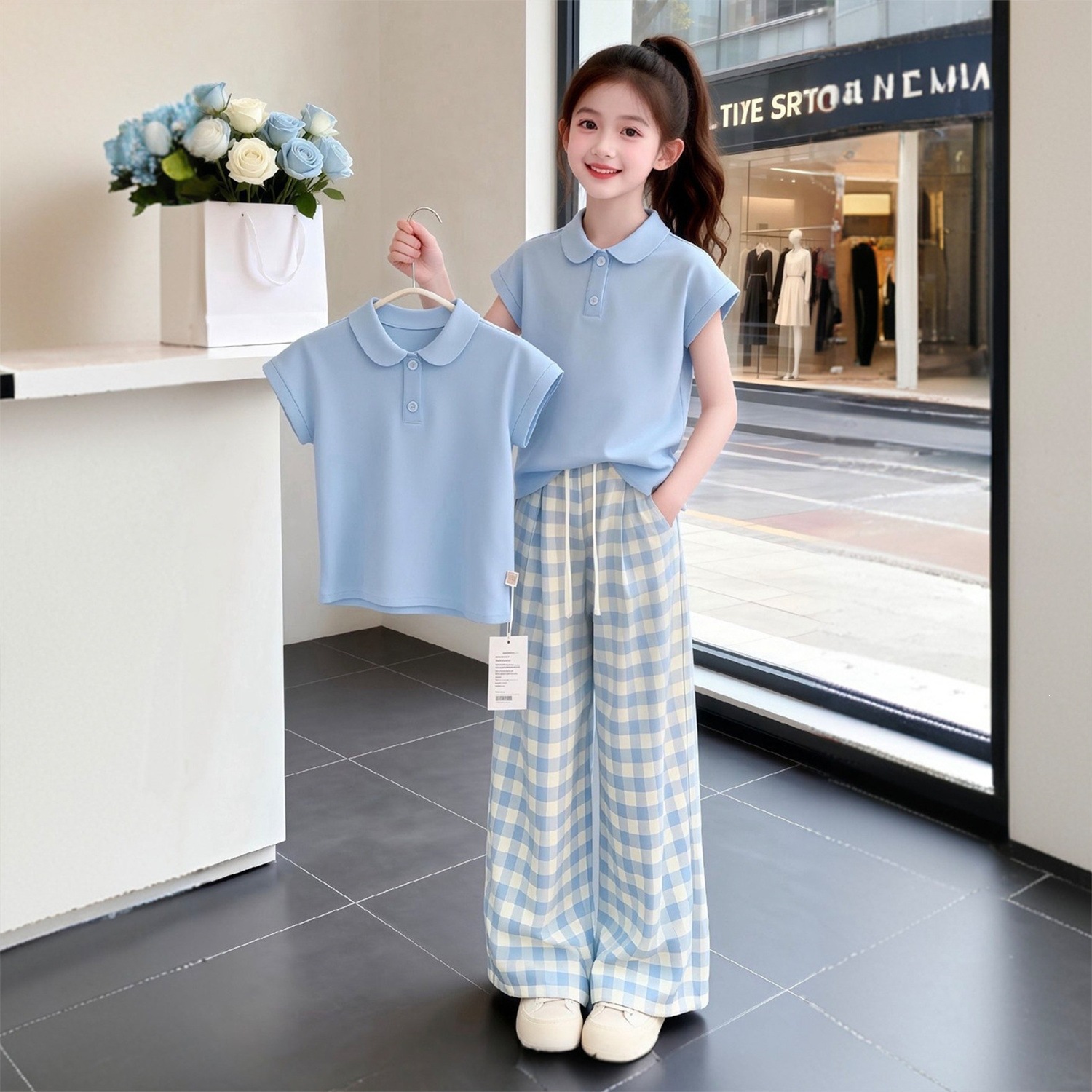 Girls' Summer Set: Thin Polo Shirt, Short-Sleeved Top, Stylish Plaid Wide-Leg Pants Two-Piece Set