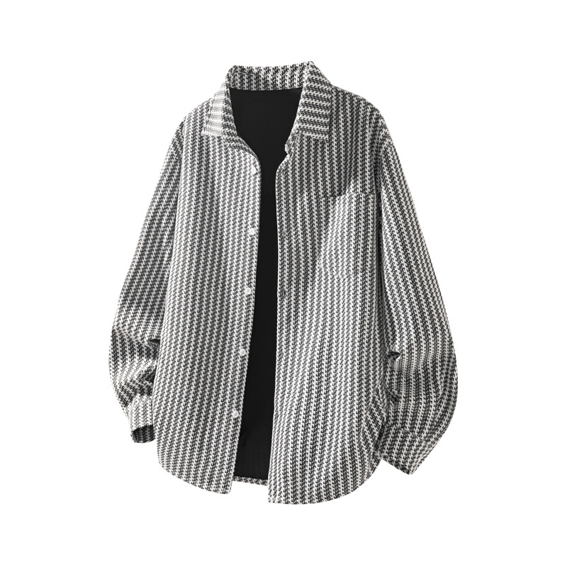 Camicia da uomo in stile retrò americano, con motivo a spina di pesce pesante, primavera autunno, di alta qualità, con colletto rovesciato_voghion.com
