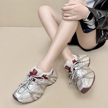 软皮休闲老爹鞋女2024秋季新款增高厚底运动跑步鞋透气防滑登山鞋