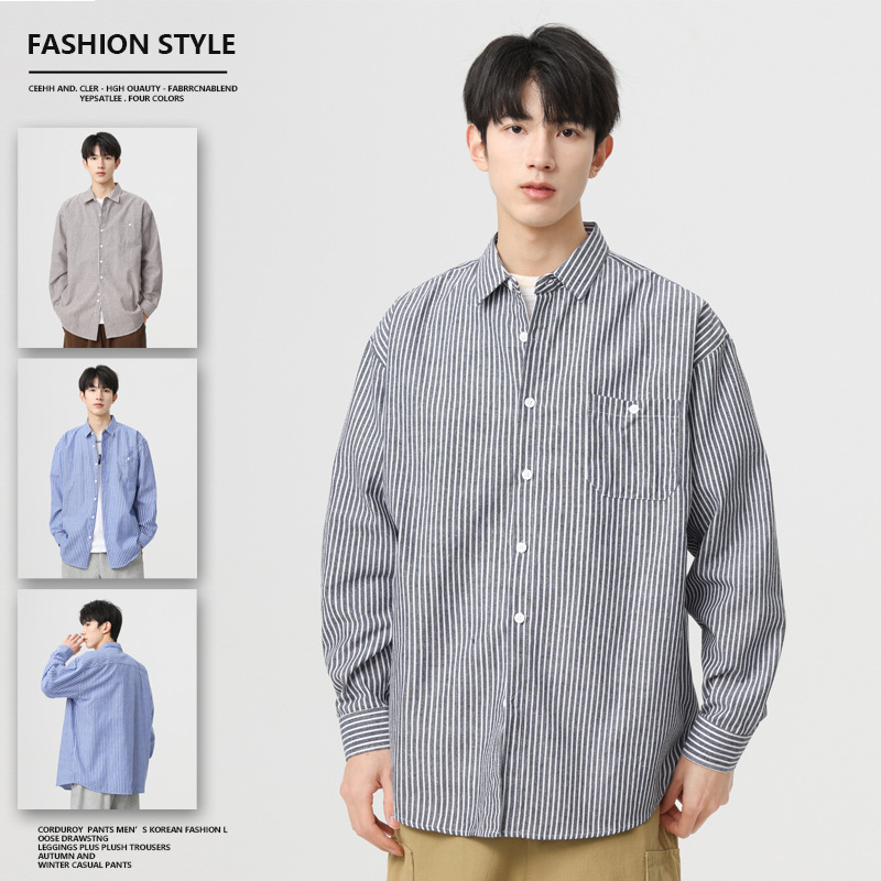 WASSUPNEST Shirt Men's Spring and Autumn American Style Casual Retro Trendy Brand Top Loose Vertical Stripe Long Sleeve Shirt