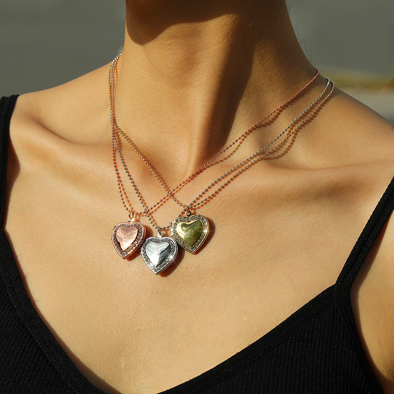 Comercio exterior transfronterizo multi-color de cristal en forma de corazón DIY CAJA DE FOTOS flotante medallón colgante abierto collar de acero de titanio