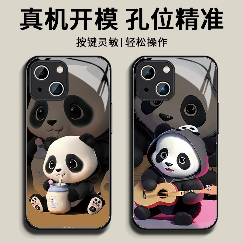 熊猫苹果14手机壳iphone13可爱mate60pro卡通12国宝11玻璃硬壳15