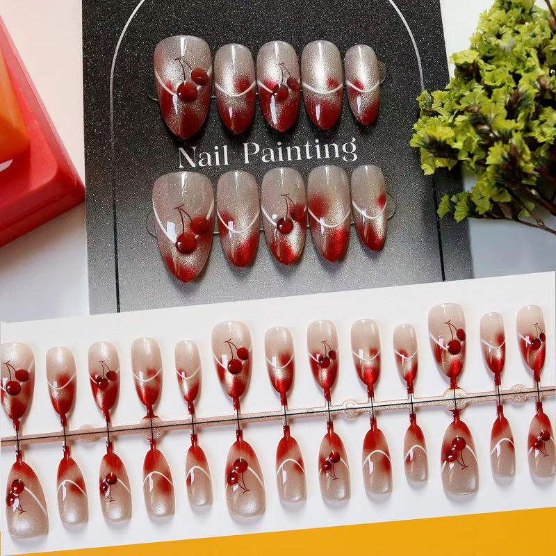 New Product Red Amber Cherry Stereo Red Cherry Cat Eye Wearable Nails Special Pre-Made Nail Patches Classy Manicure Patches