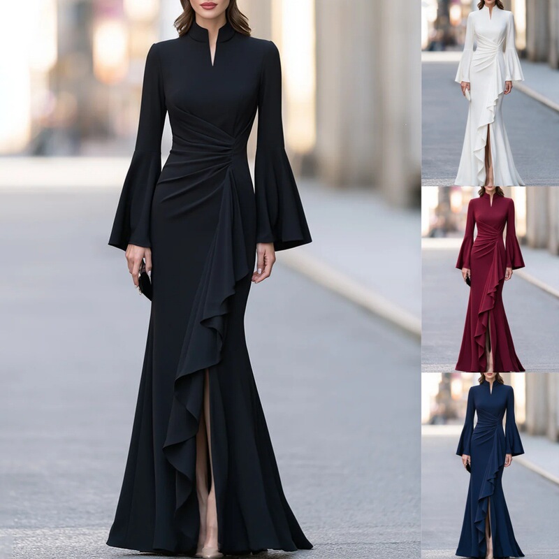 Cross-border European and American style, waist-cinching, pleated, ruffled, slit long dress, slim-fit fishtail formal evening gown Cross-border European and American style, waist-cinching, pleated, ruffled, slit long dress, slim-fit fishtail formal evening gown