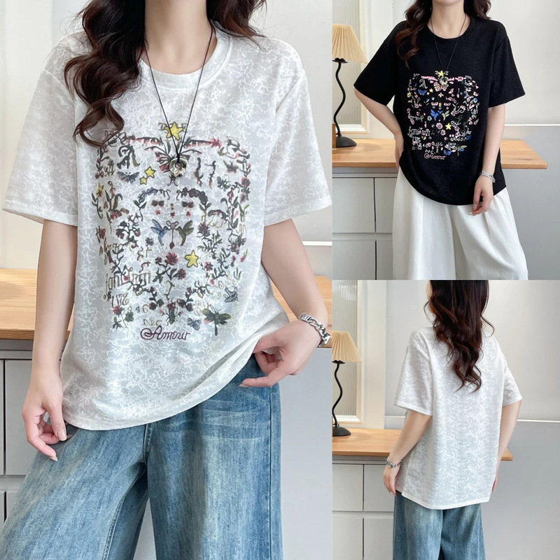 Trendy Versatile Plus-Size Jacquard Fashion Top New Summer Style with Lace Print to Cover the Body, Casual for Women Trendy Versatile Plus-Size Jacquard Fashion Top New Summer Style with Lace Print to Cover the Body, Casual for Women