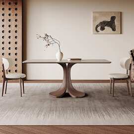 纯白岩板圆餐桌带转盘家用小户型高端复古极简进口橡木实木圆餐桌