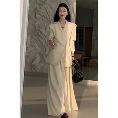 设计极简风中式时尚套装女春秋气质V领西装外套高腰A字长裙两件套