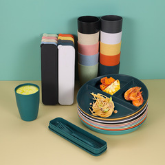 Amazon Wheat Straw Round Fat-Slimming Student Meal Plate Set with Water Cup, Knife, Fork, and Spoon