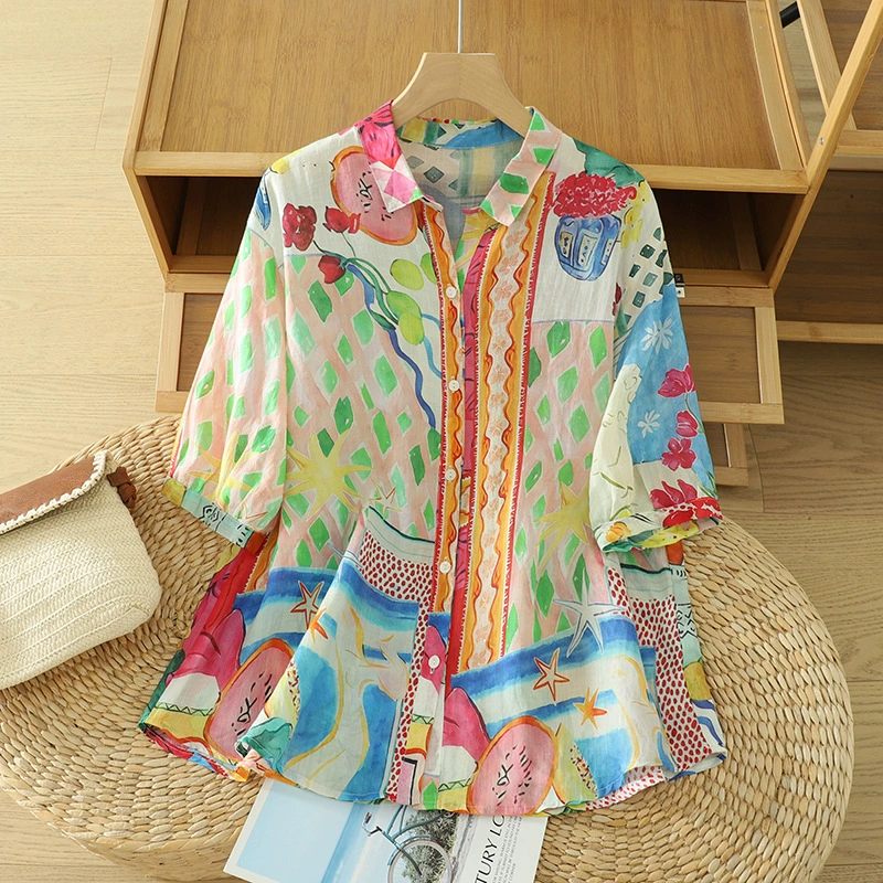 Реальный снимок летних топов из дышащего рами для женщин 2025 года, свободные высококачественные рубашки с коротким рукавом и принтом для женщин