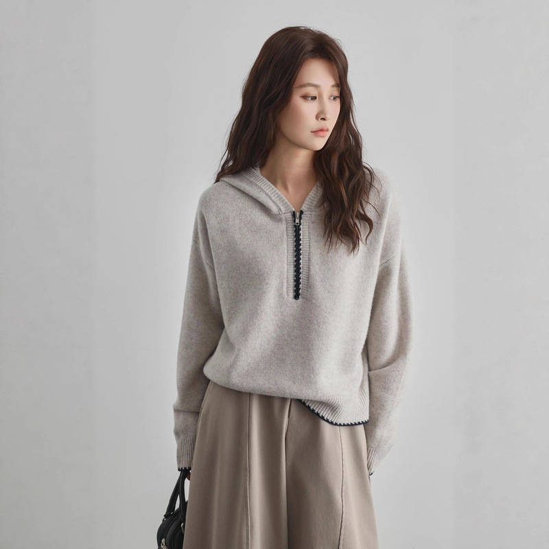 2025 New Autumn and Winter Hooded Half-Zip Long-Sleeved Wool Knitwear Fashionable and Versatile Cashmere Sweatshirt for Women