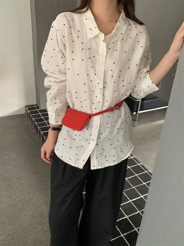 2025韩系甜美小清新法式波点衬衫女亚麻宽松长袖上衣翻领单排扣|undefined