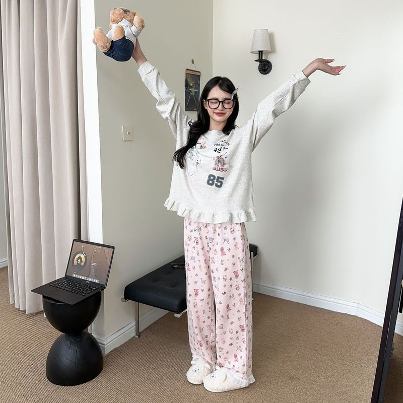2025.新款卡通蕾丝小熊印花秋季长袖长裤家居服睡衣套装女可外穿|undefined