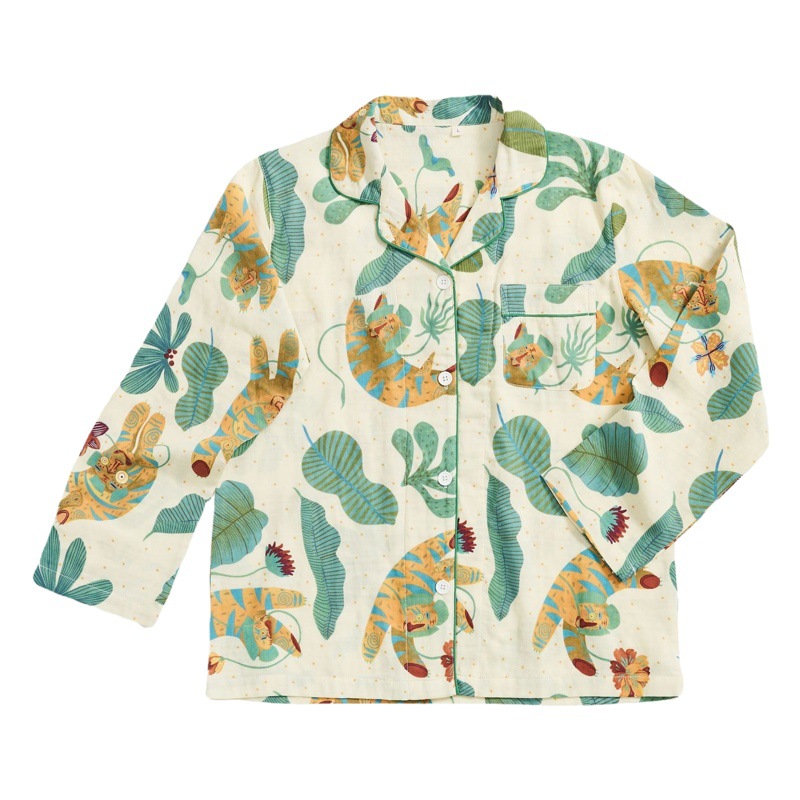 Traje informal de alta gama para el hogar, de algodón puro, de doble capa de gasa fina, de manga larga, con diseño del zodiaco del año del tigre de primavera, verano y otoño.