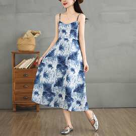 去有风的地方许红豆同款刘亦菲蓝色晕染吊带连衣裙度假裙子沙滩裙