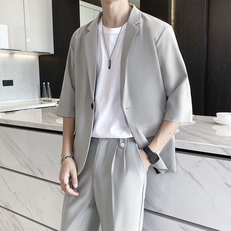 Men's Three-Quarter Sleeve Suit Set, Stylish Thin Casual Blazer, Versatile Cropped Pants, Men's Linen