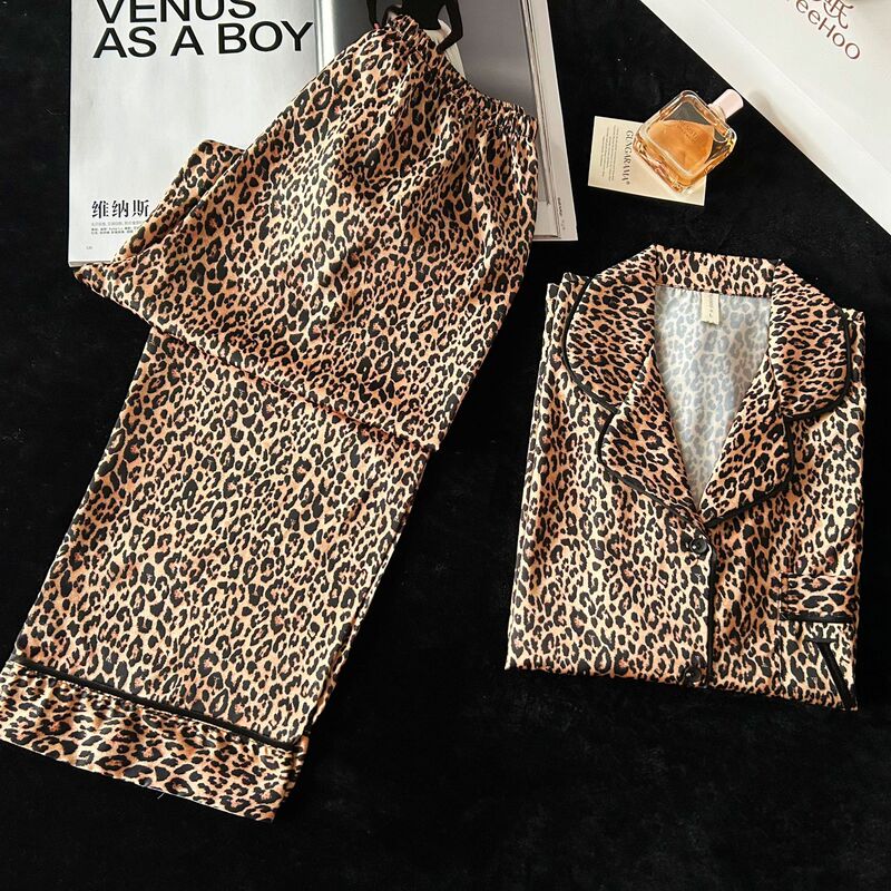 2026 New Style Pajamas Cross-Border Foreign Trade V-Brand Leopard Print Ice Silk Pajamas Women's Long-Sleeve Long-Pants Set for Home Wear 2026 New Style Pajamas Cross-Border Foreign Trade V-Brand Leopard Print Ice Silk Pajamas Women's Long-Sleeve Long-Pants Set for Home Wear