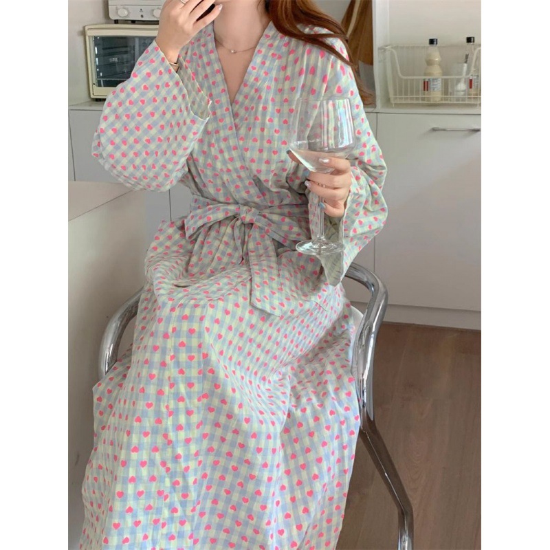 일본식 잠옷 목욕 가운 여성 잠옷 가을 새로운 달콤한 사랑 격자 무늬 느슨한 긴 소매 긴 INSTAGRAM 스타일 기모노