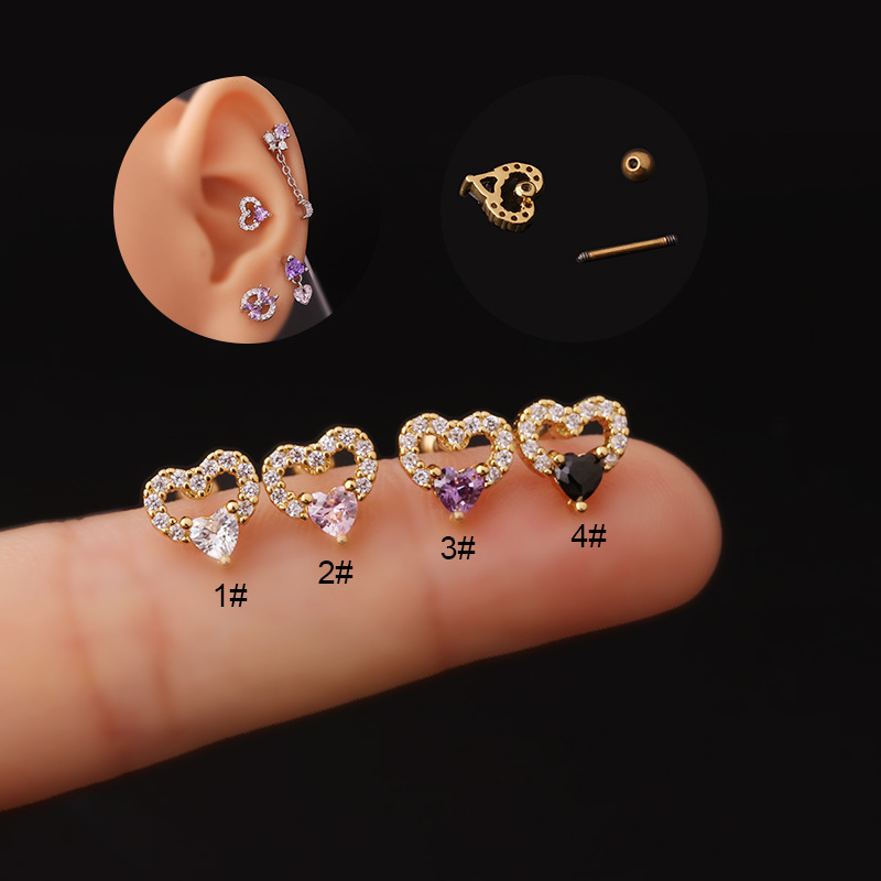 Simple Style Heart Shape Copper Plating Hollow Out Zircon Ear Studs