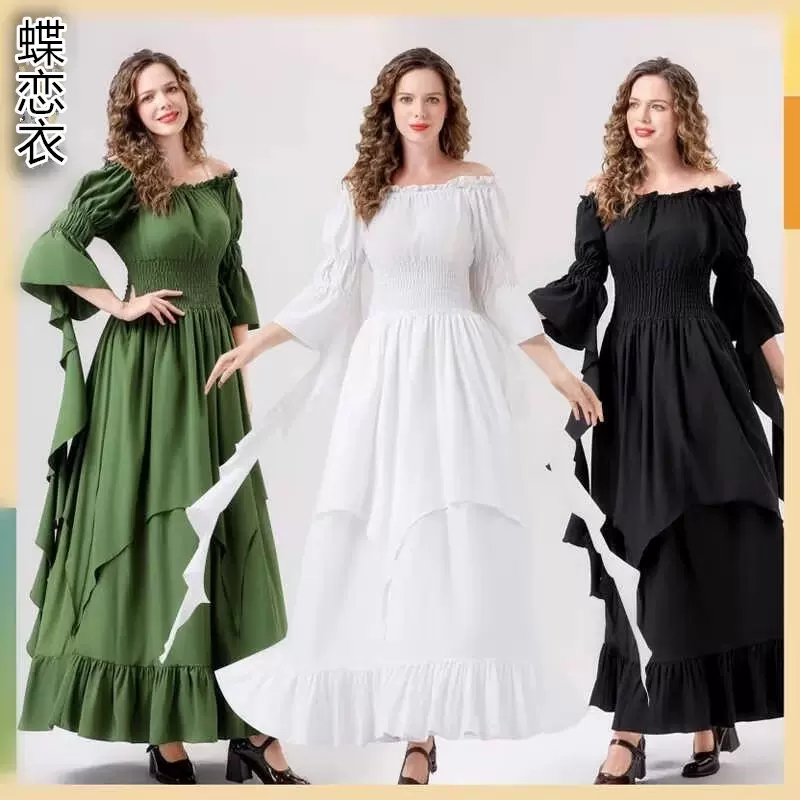 万圣节宫廷复古长裙亚马逊跨境女装中世纪舞蹈裙喇叭袖大码连衣裙