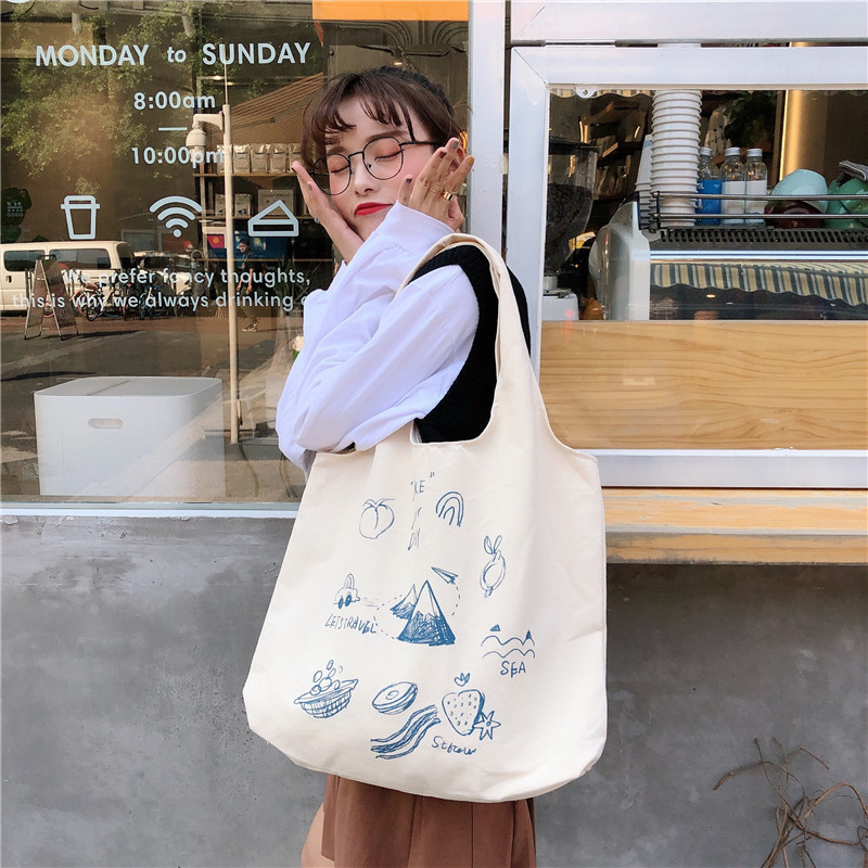 99304 ins single-shoulder hand-carry canvas bag, cute cartoon illustration tote bag for girls, student trend undefined