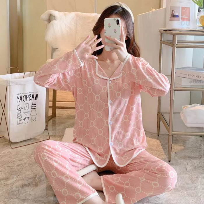 Pijamas de comercio exterior de las mujeres de manga larga cardigan melocotón corazón oso solapa pequeña ropa de hogar fresca traje de dos piezas transfronteriza mujeres lindas