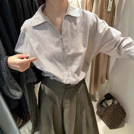 复古条纹衬衫女2025秋季新款韩系慵懒风宽松大版衬衣百搭长袖外套