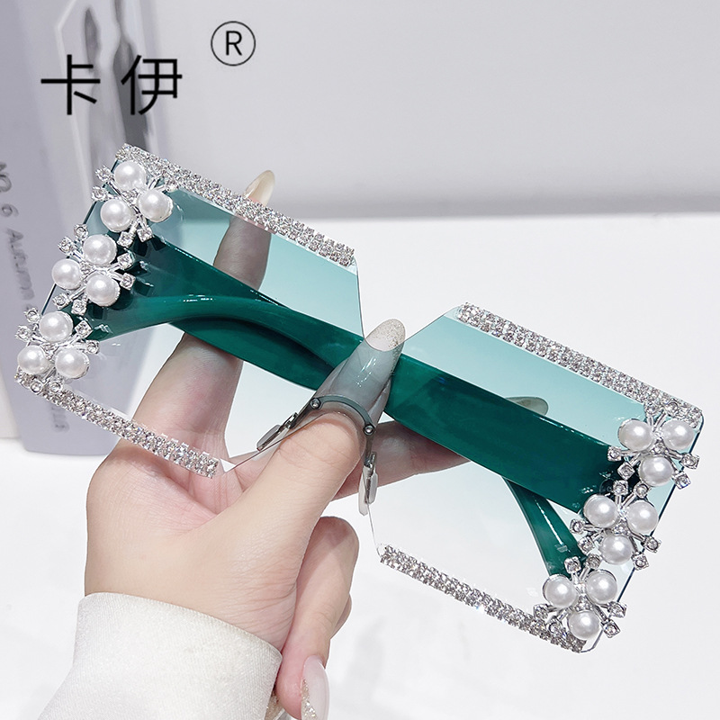 新款無框大方框個性派對墨鏡INS跨境批發鑲鑽太陽鏡sunglasses