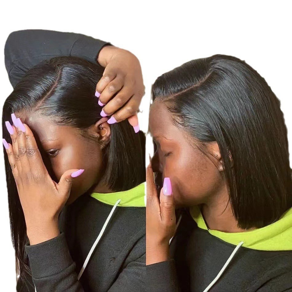 Peruca feminina estilo europeu/americano com renda 13x4, cobertura total da cabeça, corte bob curto e liso._voghion.com