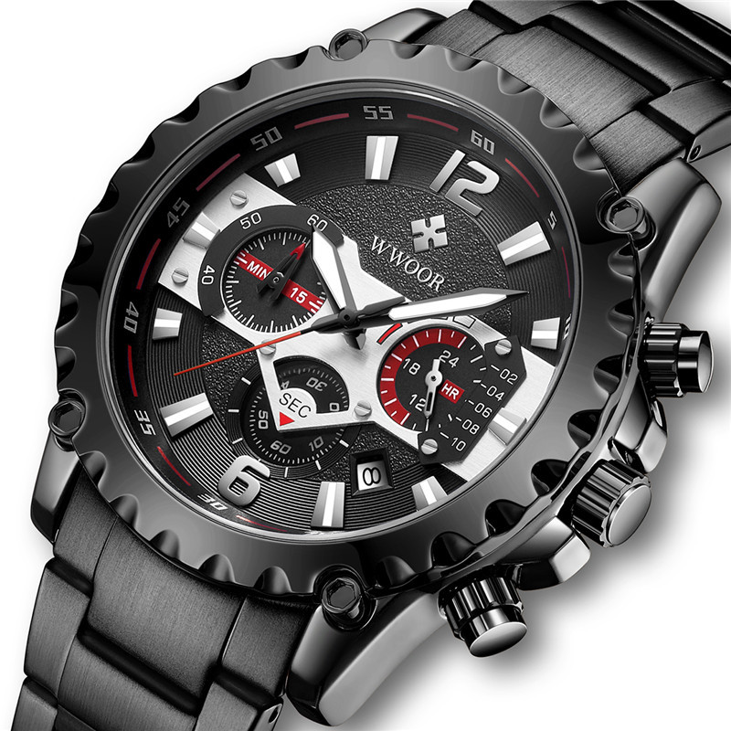 WWOOR hold Love 8880 reloj de cuarzo de correa de acero inoxidable para hombre reloj de pulsera de código de sincronización de calendario multifunción de seis pines