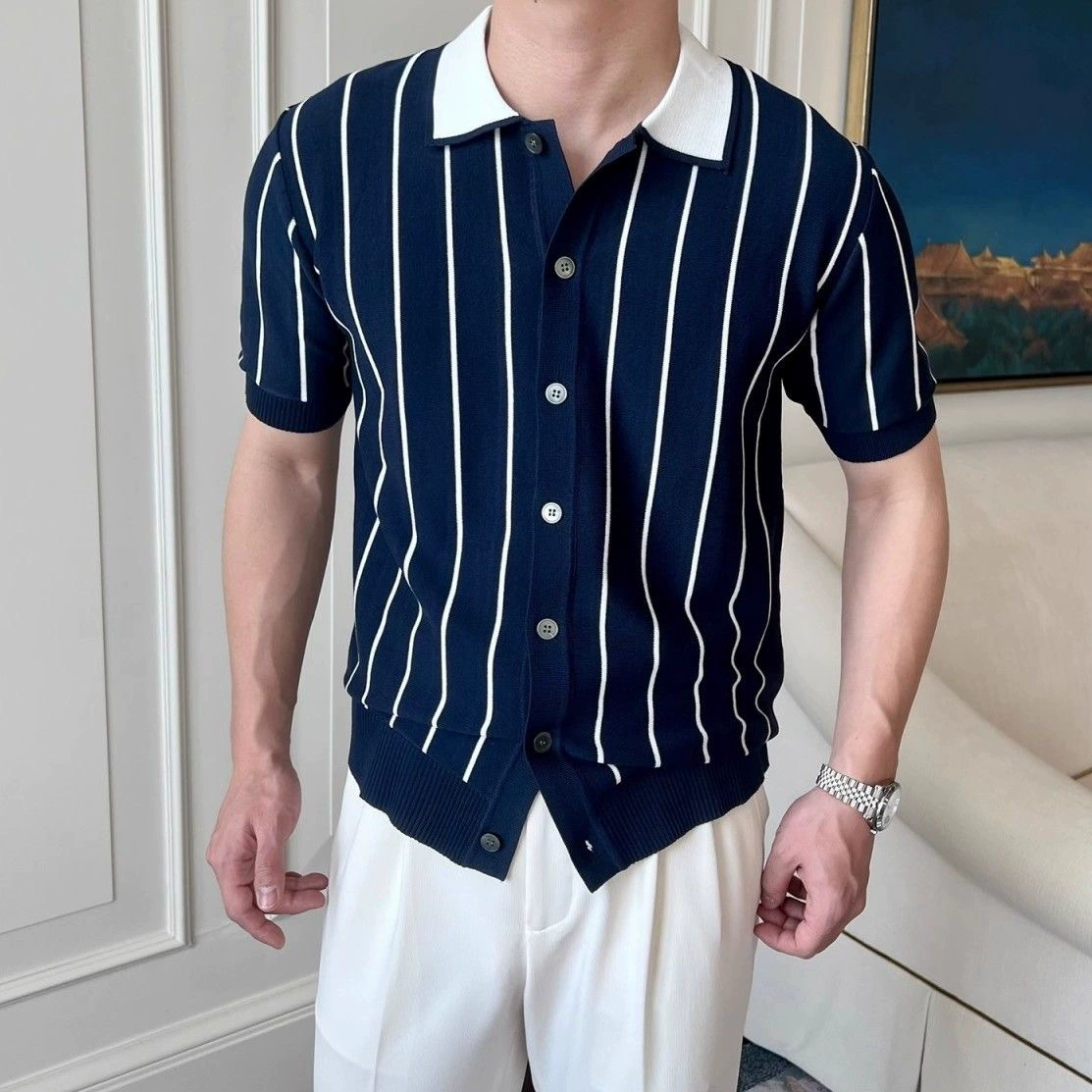 Вязаные POLO2025 новые летние повседневные полосатые топы с короткими рукавами с лацканами, модные и дышащие модные цельные топы, Прямая доставка