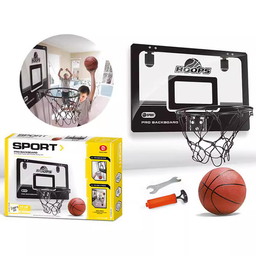 Large-sized, 7-number ball compatible; indoor, portable iron-frame basketball hoop with slam-dunk capability and door-mounting feature.
