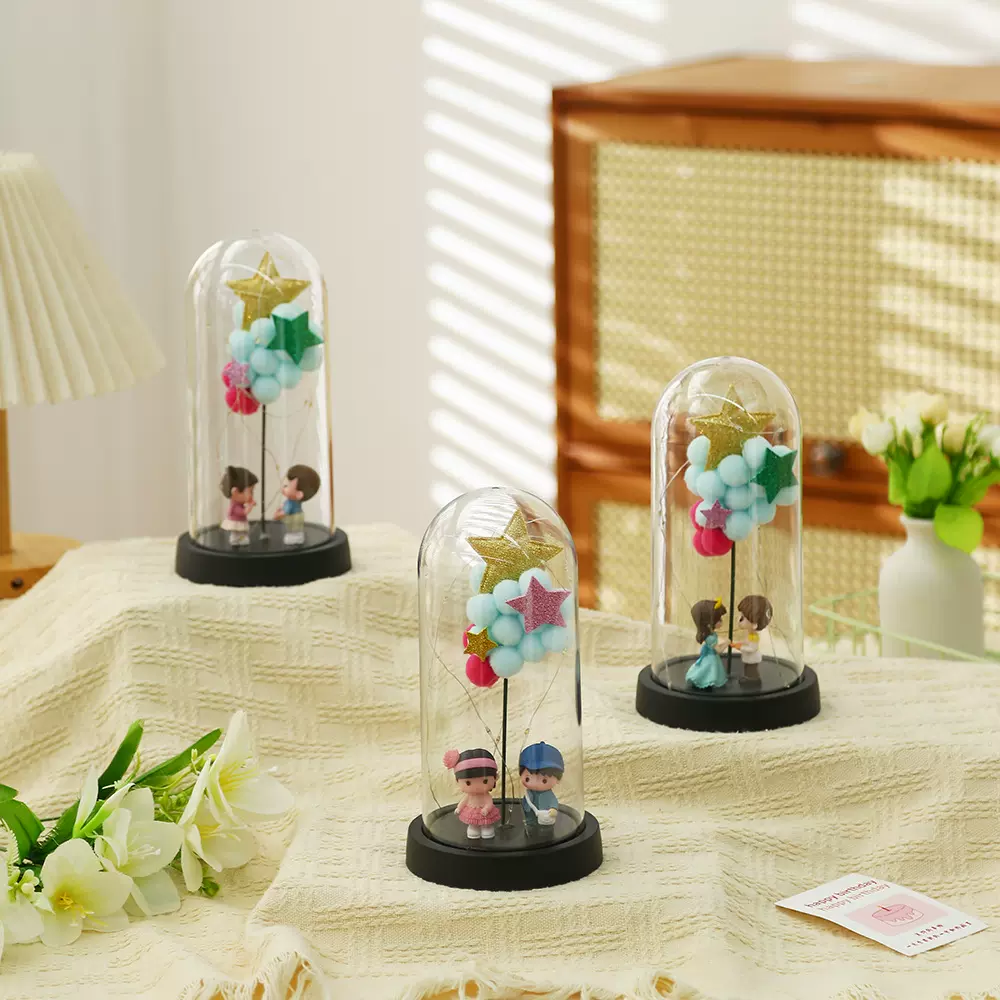 永生花玻璃罩跨境玩偶情侣亚克力灯罩七夕礼物生日礼品小夜灯摆件