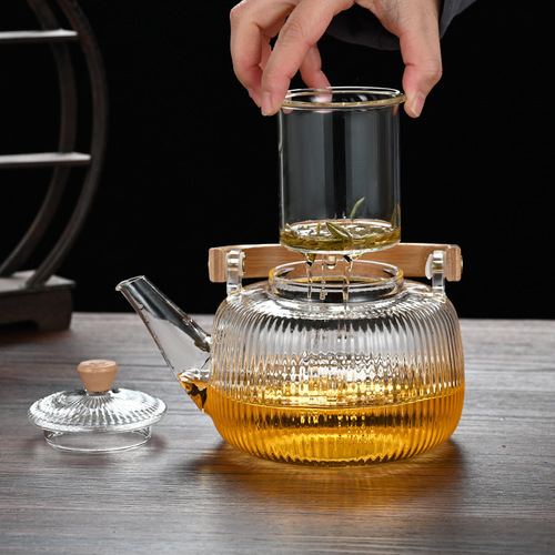 Vertical pattern electric ceramic stove steaming tea set high borosilicate glass bamboo and wooden beam kettle household kettle teapot tea set