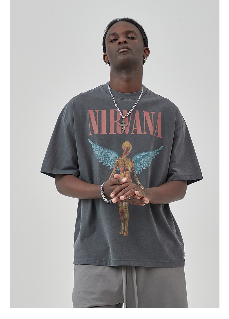 Erkek Yeni Yıkama Eski Rock Grubu Baskılı Kısa Kollu Sokak Modası Marka Yuvarlak Yaka Tişört_voghion.com