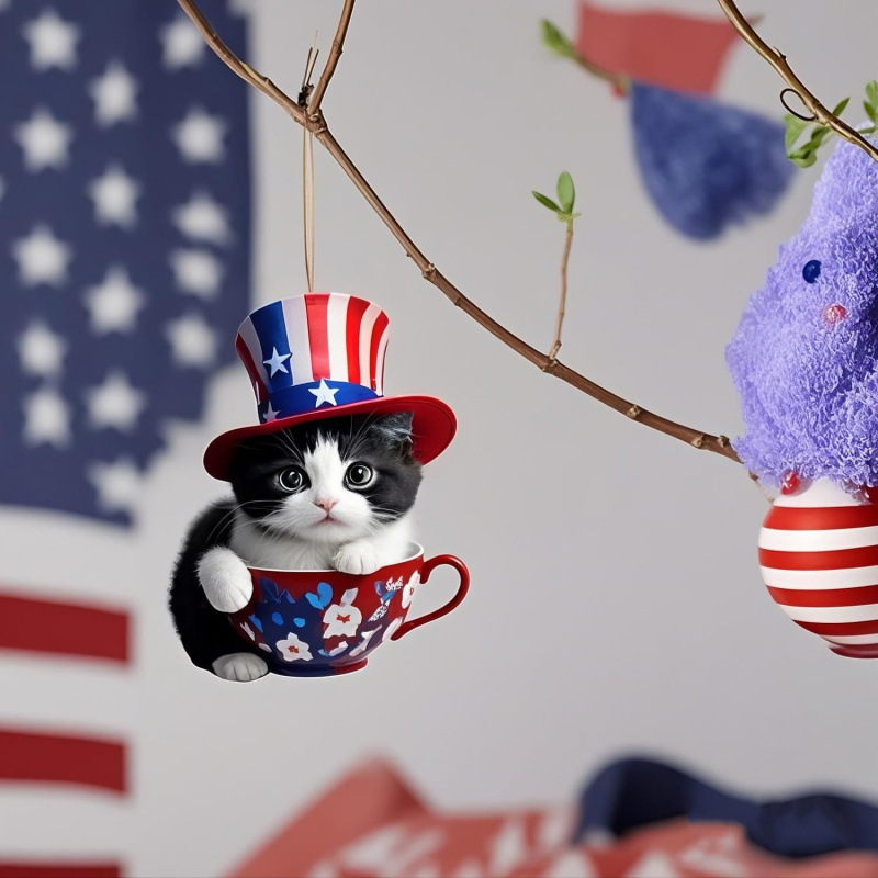 Nuevos productos transfronterizos de baile gato decoración patriótica árbol acrílico plano decoración del día de la independencia colgante de decoración