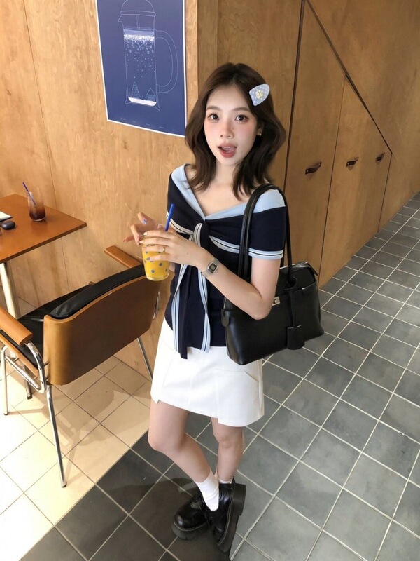 Cross-Border Foreign Trade【Ice Silk】French-Style Navy Collar Blue Knit Sweater for Women, New Summer Model with a High-End Feel, Slim Fit