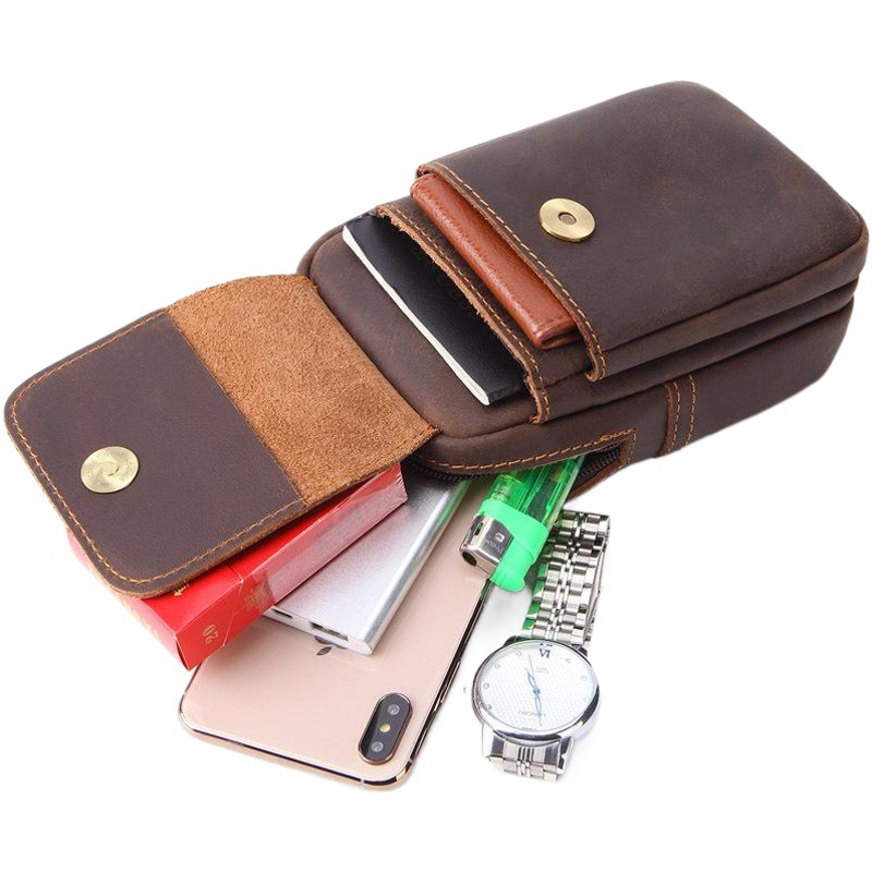 Hot-Selling Spot Men's Genuine Leather Waist Bag Crazy Horse Leather Mobile Phone Bag Retro Outdoor Three-Layer Belt Small Hanging Bag