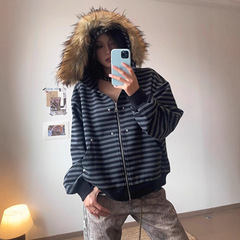 大毛领条纹开衫连帽卫衣女2025春秋季新款日系短款宽松夹克上衣潮