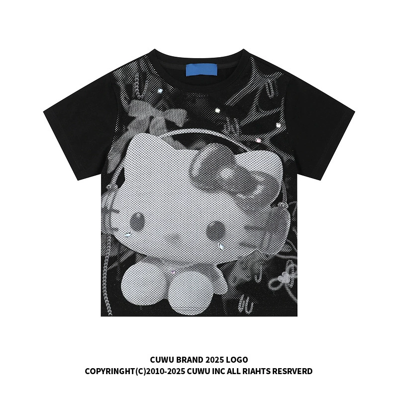 Женская футболка cuwu в американском ретро-стиле, черная, с коротким рукавом, с мультяшным принтом, круглым вырезом, свободного кроя, в стиле Y2K, модная, в ретро-стиле