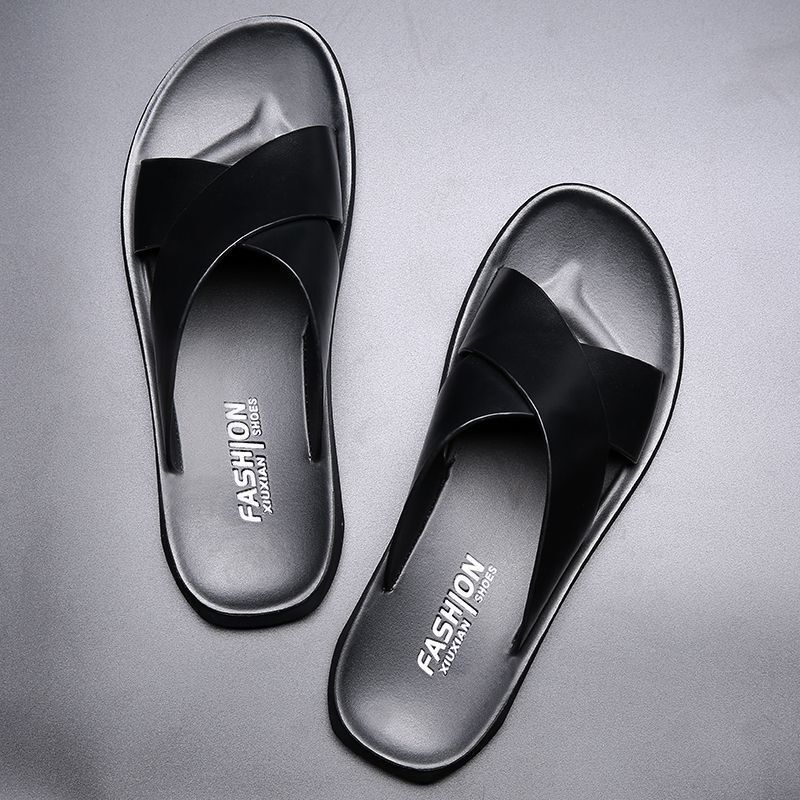 Outdoor Soft Leather Slippers for Summer New Outdoor Korean Style Men's Casual Non-Slip Trendy One-Line Beach Shoes