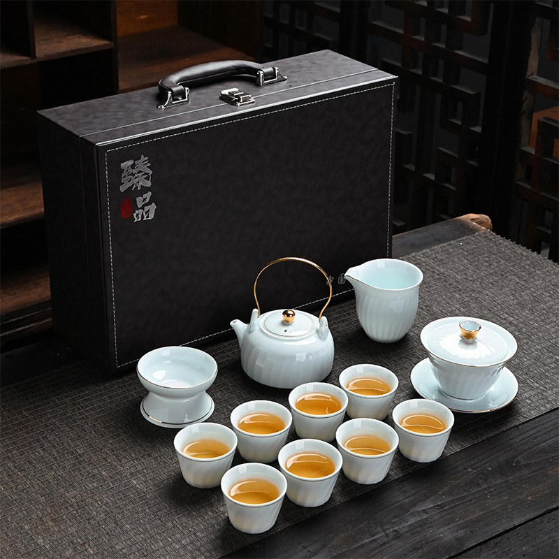 ギフト工夫茶器セット卸売り家庭用ロゴ蓋碗提梁壺開業徳化陶磁器茶器セット|undefined