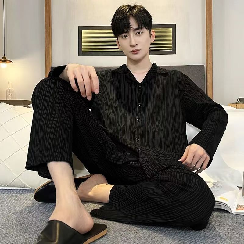 남성용 가디건 블랙 스트라이프 더블 포켓