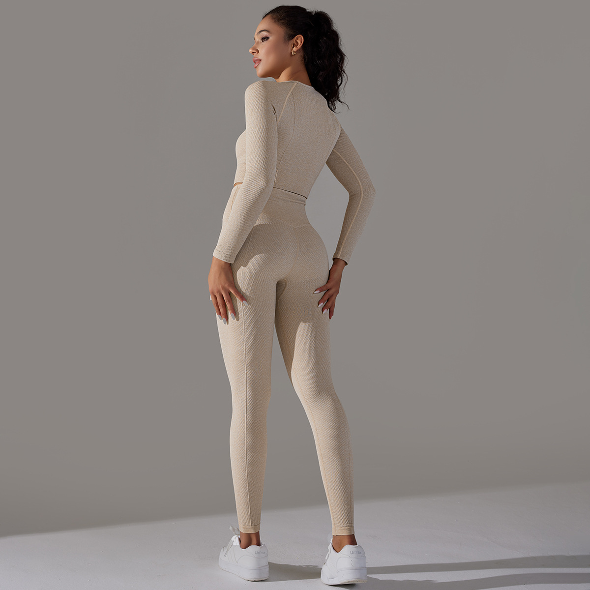 Women's Jacquard Yoga Dress Long Sleeve Suit High Waist Hip Tights Fitness Sportswear_voghion.com