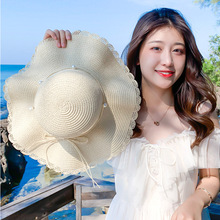 太阳帽子女士网红时尚珍珠编织草帽夏天遮阳防晒海边沙滩帽木耳边