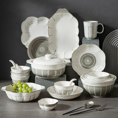 Minimalist grey high-end cool style home ceramic dinnerware set with double handles large soup bowl fish plate Western dinner plate