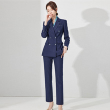 春秋新款时尚女装职业女裤套装双排扣修身显瘦白领工作服正装西服