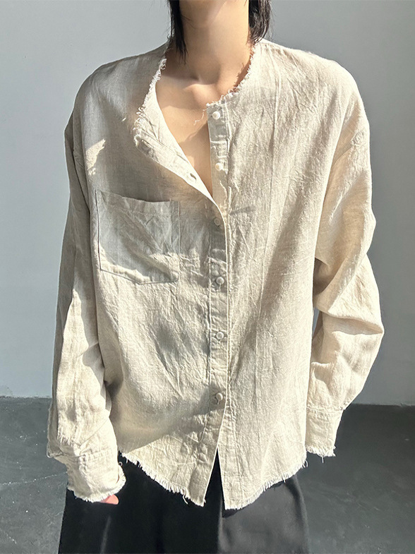 老钱风毛边亚麻衬衫男长袖夏季薄款美式复古高级感慵懒风防晒衬衣|undefined